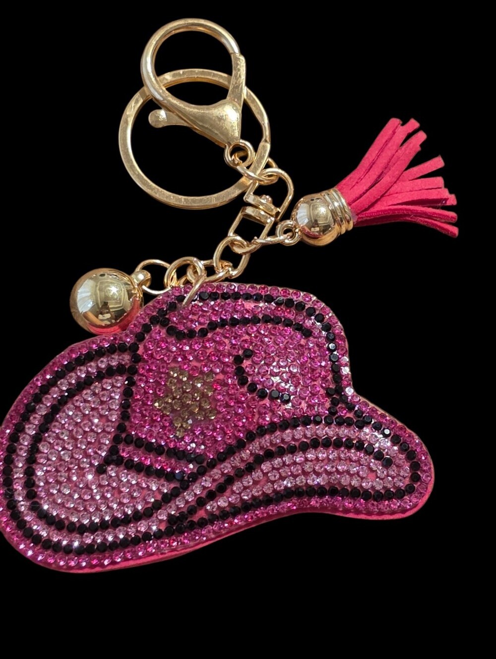 Pink Crystal Cowboy Hat Bag Charm Keychain with Tassel